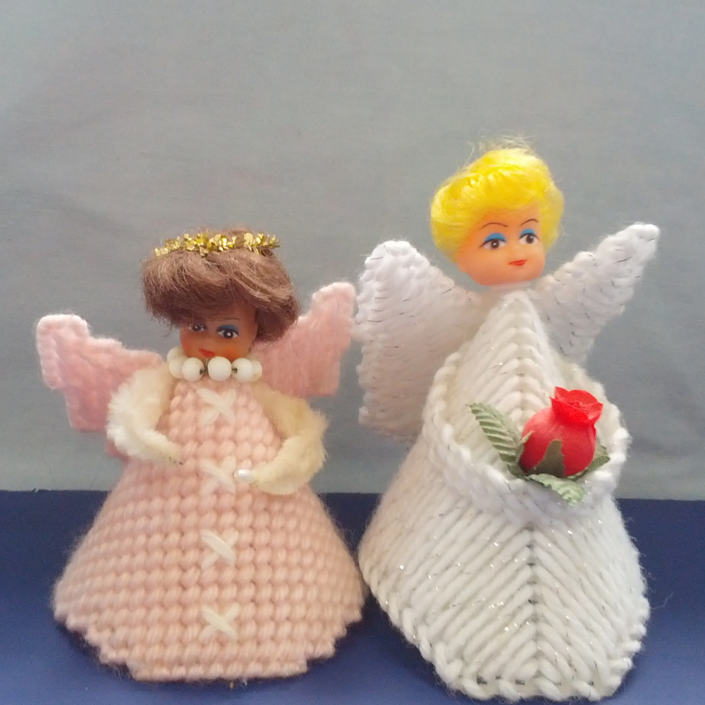handmade two small doll head plastic canvas angel